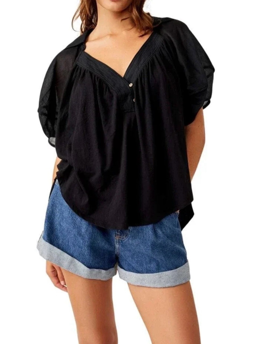 Free People-We The Free - Black Sunray Babydoll Top Size Medium NWT